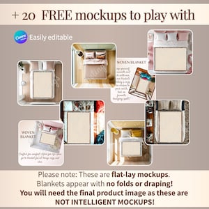 20 free Woven Blanket  mockups for a compete Etsy Listing template, with size chart, Features and video template, editable on Canva.