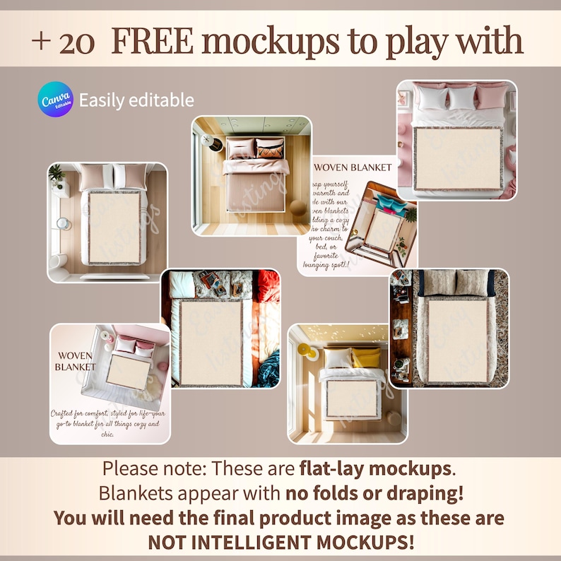 20 free Woven Blanket  mockups for a compete Etsy Listing template, with size chart, Features and video template, editable on Canva.