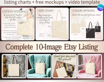 Makieta torby typu tote, tabela rozmiarów toreb z płótna bawełnianego i wskazówki dotyczące pielęgnacji do sprzedaży na Etsy, makieta dostosowywanej oferty Canva, zestaw toreb Liberty firmy Printify
