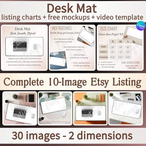 May include: A mockup of a desk mat listing for Etsy. The listing includes a size chart, key features, and care instructions. The desk mat is available in three sizes: small, medium, and large. The desk mat is made of 3mm neoprene padding and has a non-slip rubber backing. The desk mat is stitched with a durable edge and has vivid, lasting colors. The desk mat is available in a variety of colors and is perfect for everyday use.