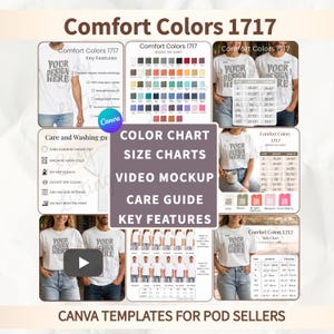 May include: Image detailing Comfort Colors 1717 unisex tee shirts, including colour charts, size charts, care guides, and key features. The image also features Canva templates for POD sellers, with the text "YOUR DESIGN HERE" on the shirts.