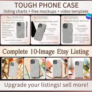 Mockup di custodia resistente per telefono, tabella delle taglie modificabile, mockup di inserzione per risparmiare tempo del venditore, kit personalizzabile POD Canva, modelli di dimensioni della custodia per telefono