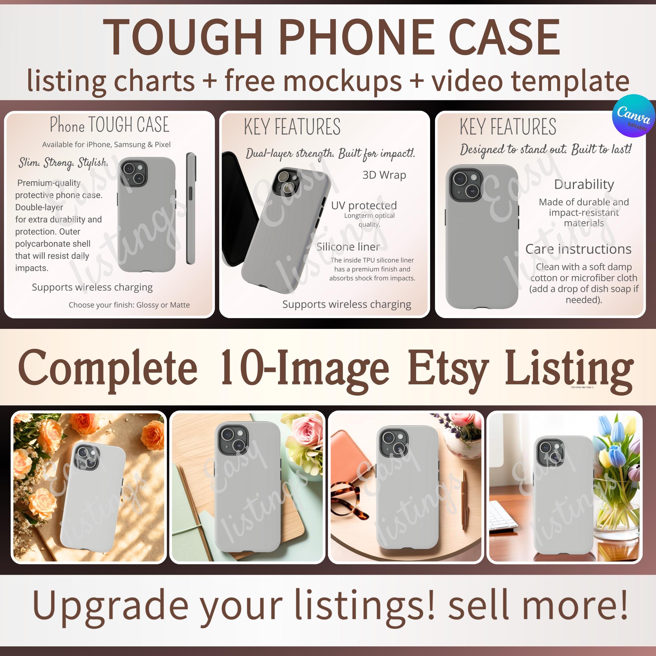 Phone Tough Case Mockup, Editable Sizing Chart, Seller time saver mock-up Listing, POD Canva Customizable Kit, Phone Case Size Templates