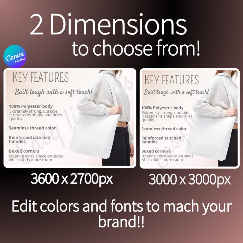 Complete listing mockup package for TOTE BAG, Canva size chart Template for totebags to sell on Etsy