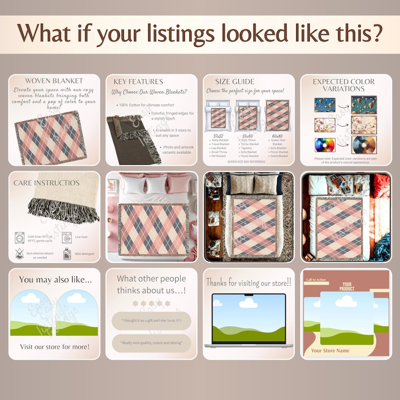 Woven Blanket Mockup Listing, Blanket Size Chart & Care Card, POD Woven Blanket Mock-ups, Woven Throw Canva Template for Etsy Listings. image 7