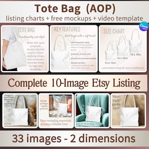Complete listing mockup package for TOTE BAG, Canva size chart for totebags to sell on Etsy
