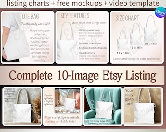 Tote Bag Mockup, AOP Tote Size Chart & Care Gide to Sell on Etsy, Canva Customizable Listing mock-up, Printify Tote Bag Bundle, Video Mockup