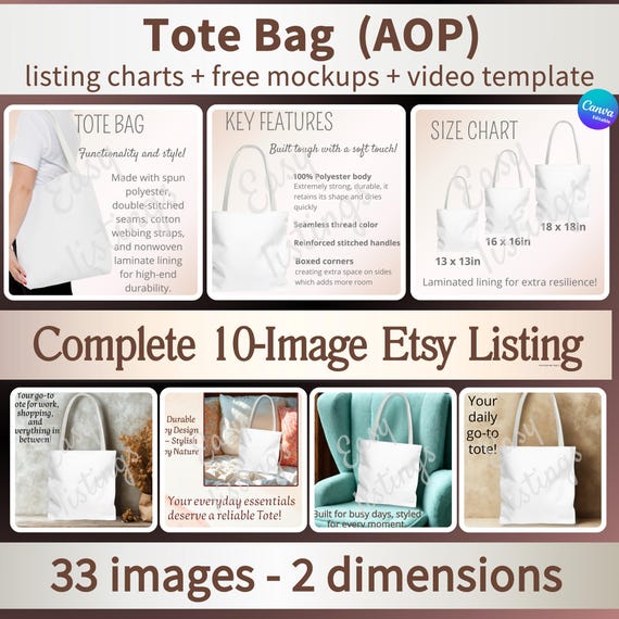 Tote Bag Mockup, AOP Tote Size Chart & Care Gide to Sell on Etsy, Canva Customizable Listing mock-up, Printify Tote Bag Bundle, Video Mockup