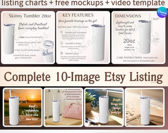20oz Skinny Tumbler Mockup, Size Chart to Sell on Etsy, Editable on Canva Bundle Listing Mockup, POD Printify Mock-up & Video Mock Template