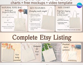 Makieta torby płóciennej, Naturalny edytowalny szablon torby Canva, Oferta Etsy, Tabela rozmiarów Printify, Nowy pakiet sprzedawcy POD Product Gide, Makieta wideo