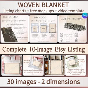 Webdecke Mockup Listing, Maßtabelle & Pflege Karte, POD Webdecke Mock-ups, Canva Vorlage für Etsy Listings.