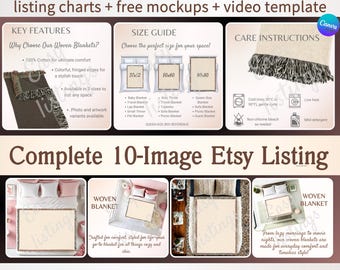 Woven Blanket Mockup Listing, Blanket Size Chart & Care Card, POD Woven Blanket Mock-ups, Woven Throw Canva Template for Etsy Listings.