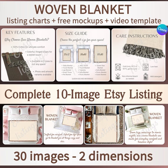 Woven Blanket Mockup Listing, Blanket Size Chart & Care Card, POD Woven Blanket Mock-ups, Woven Throw Canva Template for Etsy Listings.