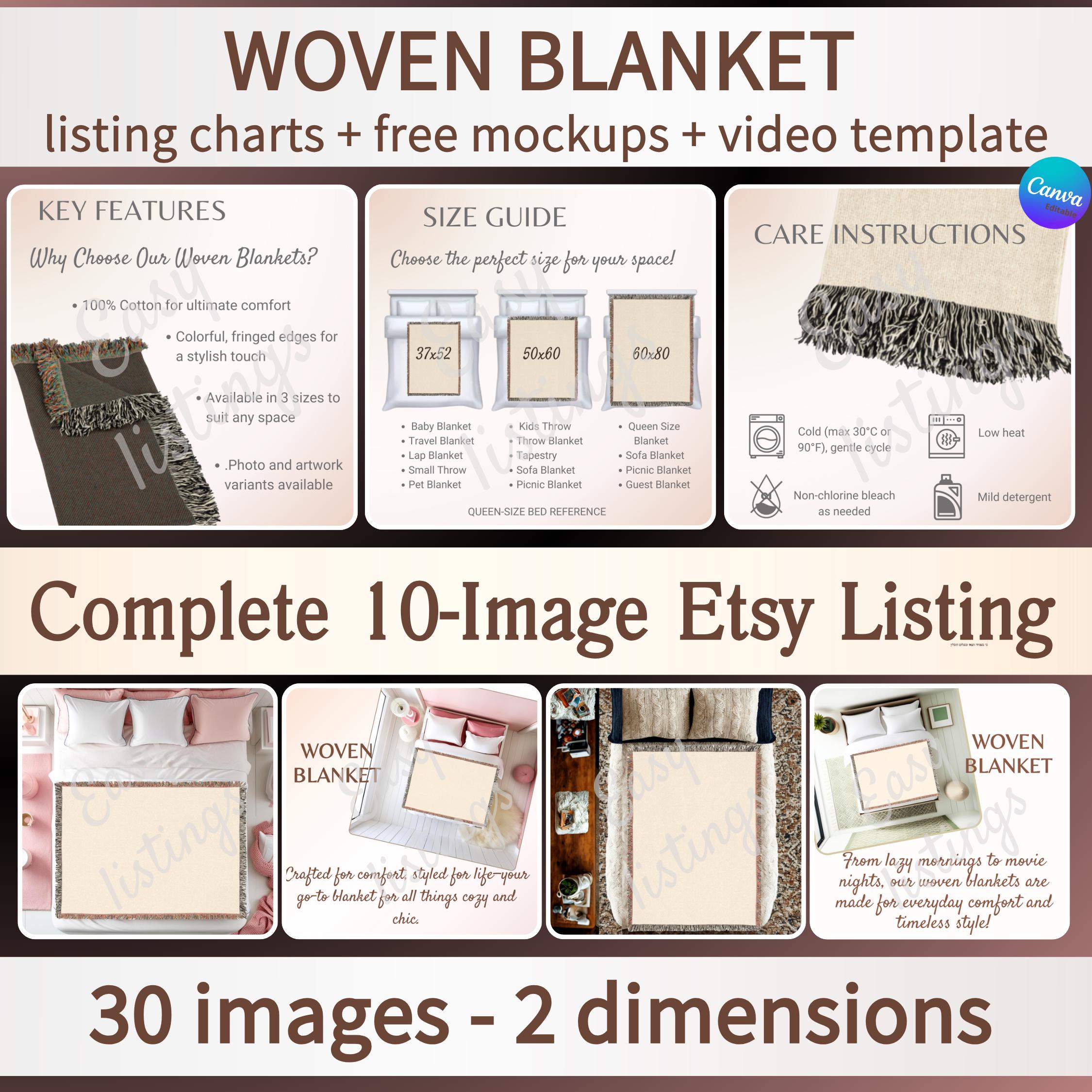 Woven Blanket Mockup Listing, Blanket Size Chart & Care Card, POD Woven Blanket Mock-ups, Woven Throw Canva Template for Etsy Listings.