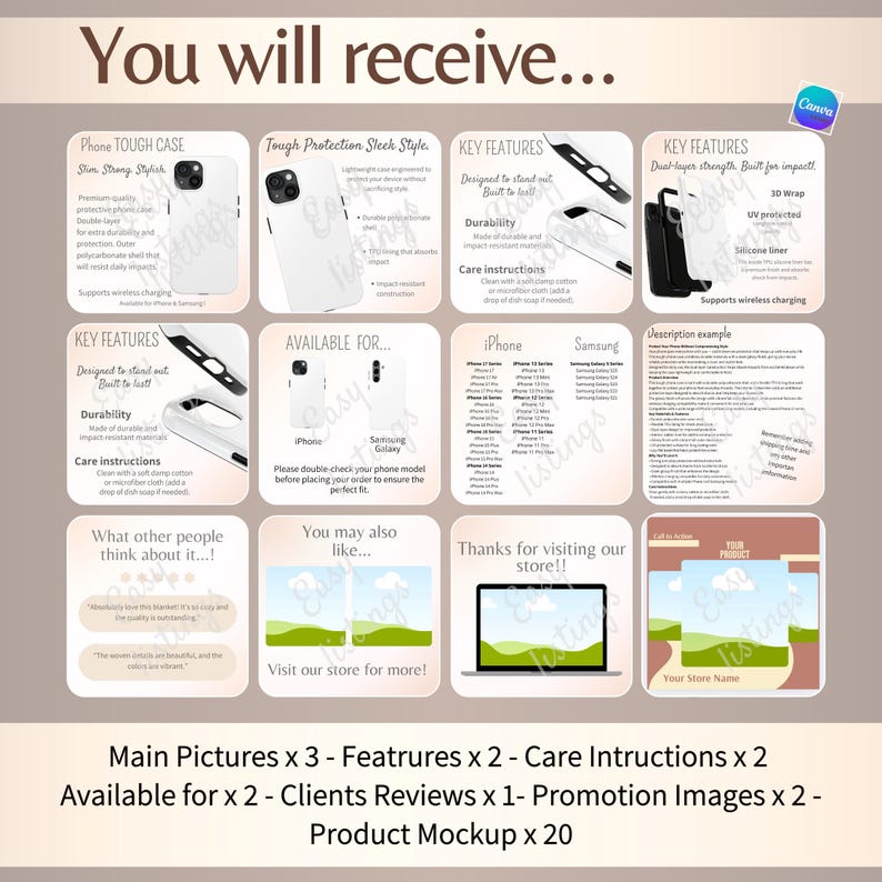 Tough Case Mockup Bundle, Canva Editable Templates, Etsy Seller mock-up Listing, POD Customizable Kit, Phone Case iPhone 16-17 Printify Real image 2