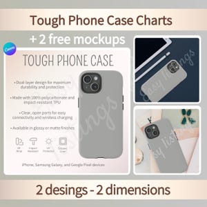 Mockup di custodia per telefono resistente, tabella delle taglie digitale modificabile, mockup di inserzioni Etsy personalizzabili per POD, modello Canva Printify per le dimensioni delle custodie per telefono