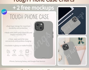 Robuste Telefonhülle Mockup bearbeitbare digitale Größentabelle, anpassbare Etsy-Auflistung Mockups für POD, Canva Template Printify Phone Case Sizes