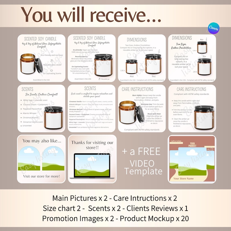 Jar Candle Mockups Bundle, Canva Customizable Mockup Template, Candle Care Card Product Information, Scented Soy Candle Multi-Size Amber Jar image 2