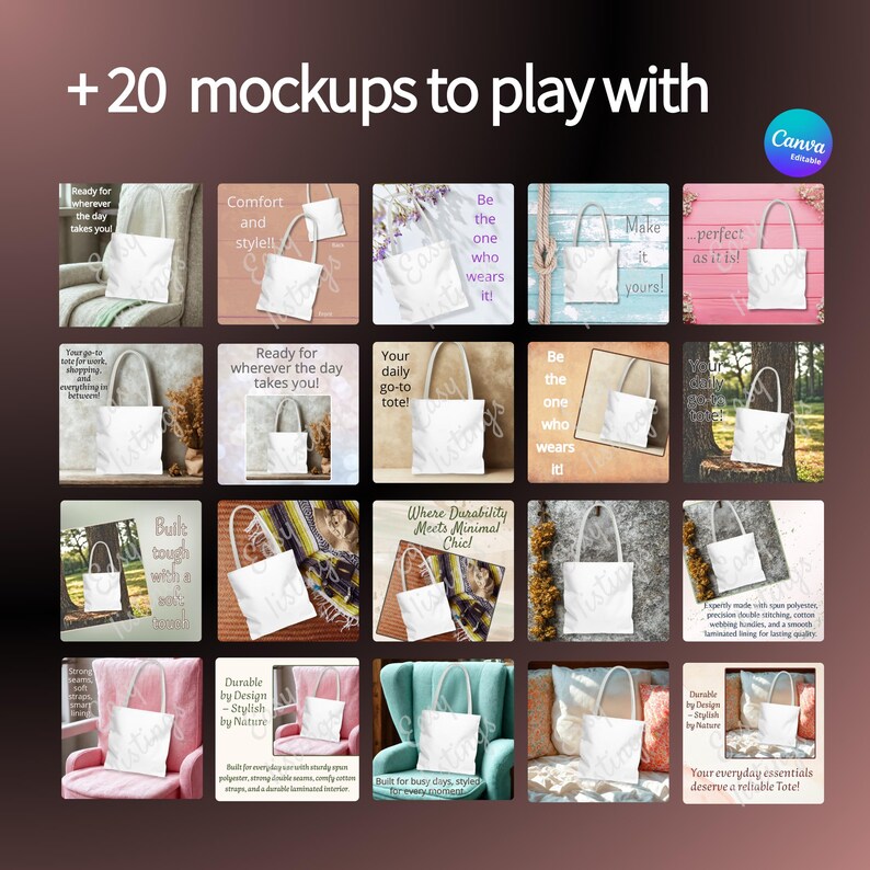 Complete listing mockup package for TOTE BAG, Canva size chart Template for totebags to sell on Etsy