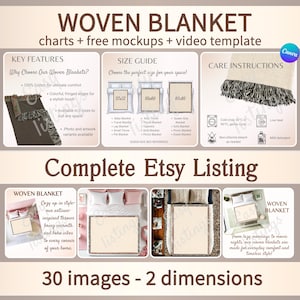 織りブランケットのモックアップ リスト、ブランケットのサイズ表とケア カード、POD 織りブランケットのモックアップ、Etsy リスト用の織りスロー Canva テンプレート。