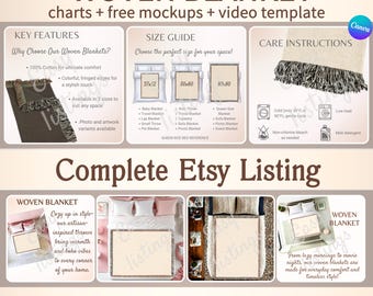 Woven Blanket Mockup Listing, Blanket Size Chart & Care Card, POD Woven Blanket Mock-ups, Woven Throw Canva Template for Etsy Listings.