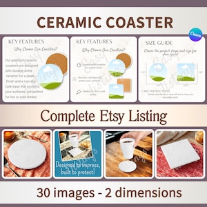 Ceramic Coaster Mockup Listing, Round and Square Coaster Size Chart & Care Card, POD Coaster Mock-ups, Canva Template for Etsy Listings.