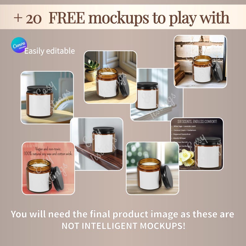 Jar Candle Mockups Bundle, Canva Customizable Mockup Template, Candle Care Card Product Information, Scented Soy Candle Multi-Size Amber Jar image 4