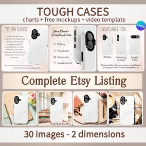 Puede incluir: Se muestran fundas blancas para teléfonos con un diseño de doble capa, destacando características como envoltura 3D y resistencia a impactos. La imagen resalta la compatibilidad con los modelos iPhone, Samsung Galaxy y Google Pixel. El texto dice "TOUGH CASES" y "Complete Etsy Listing."
