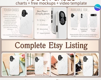 Pakiet Canva z mocowaniem wytrzymałego etui do ofert sprzedaży na Etsy i makietą wideo, edytowalny szablon wytrzymałego etui Magsafe, makieta telefonu