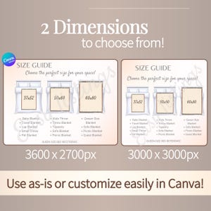 Woven Blanket sizing mockups for a compete Etsy Listing template, with size chart, Features, free mockups andvideo template, editable on Canva.