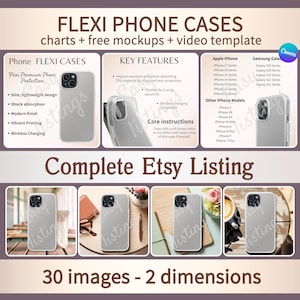 Phone Case Mockup Editable Canva Template Listing Kitool for POD Sellers on Etsy & Video Mock up, Printify Flexi Magsafe Phone Case Bundle