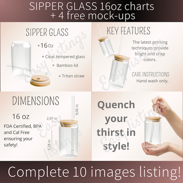 Sipper Glass Can Mockup, Editable Sizing Chart, Seller time saver mock-up Listing, POD Canva Customizable Kit, Can Glass Tumbler Templates