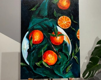 Peinture d'empâtements d'oranges rouges, art d'agrumes sur toile, décoration de fruits nature morte de cuisine, oeuvre d'art originale peinte à la main