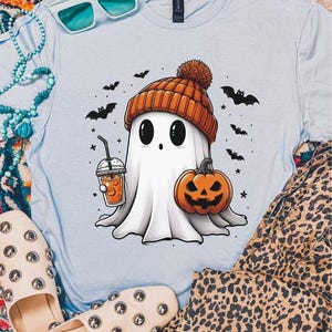 Comfort Colors Cute Ghost Drinking Coffee Shirt, Ghost Ice Coffee, Spooky Season Sweatshirt, Coffee Lover Hoodie, Halloween Party Shirt