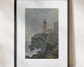 Vintage Lighthouse Landscape Wall Art, Printable Digital Download for Home Decor, Instant Art Decor
