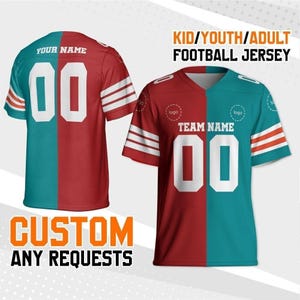 Maglia da football personalizzata di due squadre di colore rosso e verde acqua, maglia divisa a metà, maglia a maniche corte personalizzata