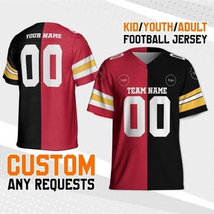 Maglia da football personalizzata con due squadre di colore rosso e nero, maglia divisa a metà, maglia a maniche corte personalizzata