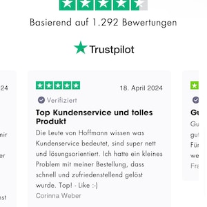 Könnte beinhalten: Screenshot einer Trustpilot-Bewertung für ein Unternehmen namens Hoffmann. Die Bewertung trägt den Titel "Top Kundenservice und tolles Produkt" und wird mit 5 von 5 Sternen bewertet. Der Rezensent gibt an, dass der Kundenservice des Unternehmens ausgezeichnet ist und dass er ein Problem mit seiner Bestellung schnell und effizient lösen konnte.