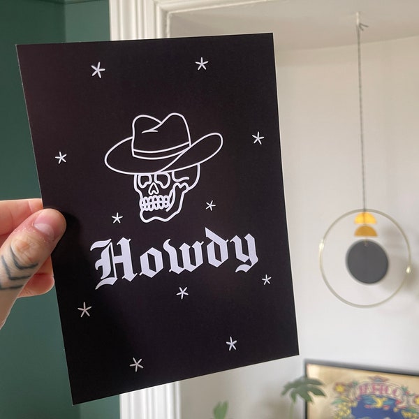 Howdy Skull Cowboy Art Print A5 Poster Minimalist Alternative Country Monochrome Dark Humour Tattoo Flash Line Art Typography