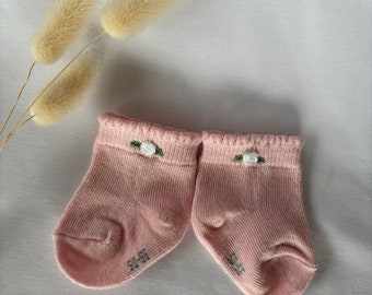 Hand-embroidered cute rose flower pair of light pink baby socks. New-born gift, baby shower, new mom, baby girl