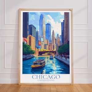 Poster di viaggio di Chicago – Arte murale USA | Stampa del fiume Chicago | Manifesto turistico d'epoca di Chicago | Regalo Skyline | Stampa artistica di Chicago