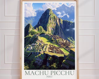 May include: A framed print of Machu Picchu, Peru. The artwork depicts the ancient Inca citadel nestled in a lush green mountain landscape under a blue sky with clouds. The print is in a light wood frame.