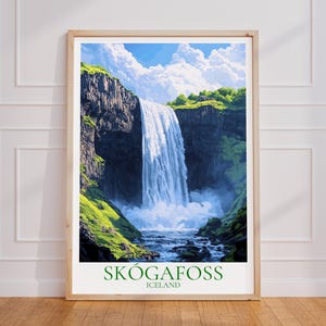 Poster turistico Skógafoss – Arte murale islandese | Stampa di Skogafoss | Manifesto di viaggio vintage dell'Islanda | Regalo Islanda | Stampa artistica di cascata