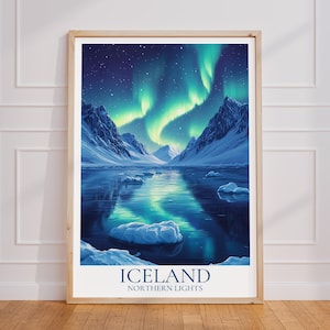 Poster di viaggio in Islanda – Arte murale dell'aurora boreale | Stampa Islanda | Manifesto di viaggio vintage dell'Islanda | Regalo Islanda | Stampa artistica Aurora Boreale