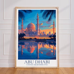 Poster di viaggio di Abu Dhabi - Poster da parete di Abu Dhabi, poster vintage della moschea, poster di viaggio degli Emirati Arabi Uniti, stampa di viaggio degli Emirati Arabi Uniti