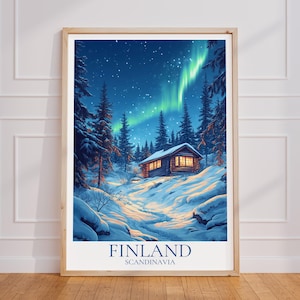 Poster di viaggio Finlandia – Arte murale della Scandinavia | Finlandia Stampa | Manifesto di viaggio vintage della Finlandia | Regalo Finlandia | Stampa artistica dell'aurora boreale