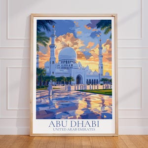 Poster di viaggio di Abu Dhabi - Poster da parete di Abu Dhabi, poster vintage della moschea, poster di viaggio degli Emirati Arabi Uniti, stampa di viaggio degli Emirati Arabi Uniti