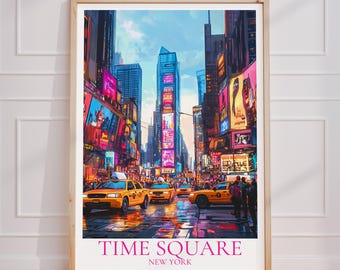 May include: A framed art print depicting a vibrant, colorful illustration of Times Square in New York City. The artwork showcases yellow taxis, bright billboards, and tall buildings under a blue sky. The text "TIME SQUARE NEW YORK" is printed at the bottom.