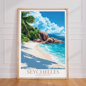 Seychellen Reiseposter – Insel Wall Art, Strand Vintage Poster, Seychelles Travel Poster Geschenk, Indischer Ozean Print Reisedruck
