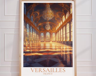 May include: A framed print featuring the interior of the Palace of Versailles. The image showcases a grand hall with a checkered floor, ornate chandeliers, and large windows. The text "VERSAILLES FRANCE" is at the bottom.